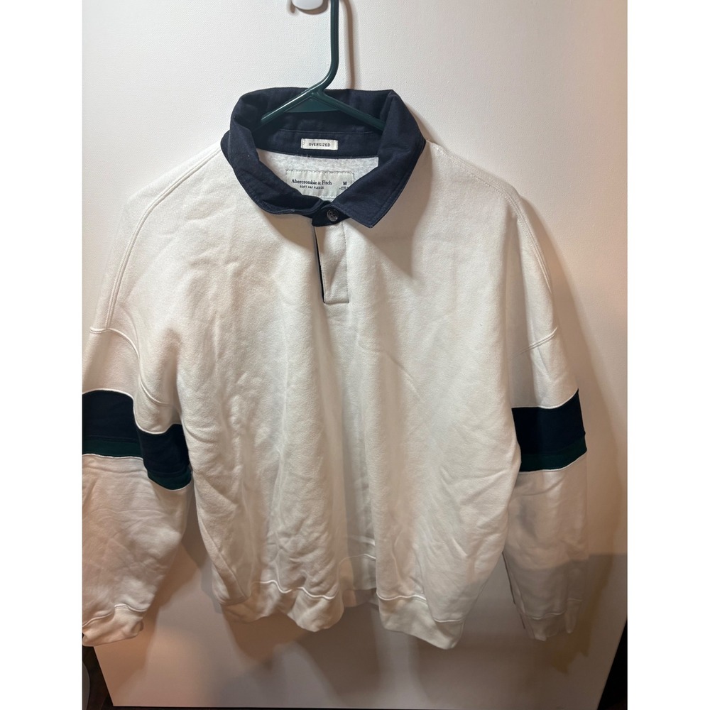 Abercrombie & Fitch Oversized Rugby Polo Sweatshirt White Navy Green Striped Med